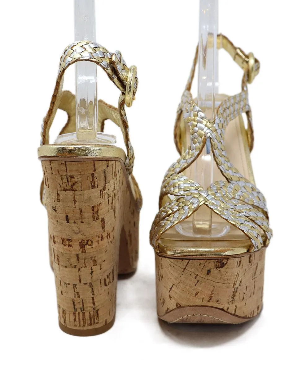 Prada Silver & Gold Leather Cork Platform Sandals sz 7