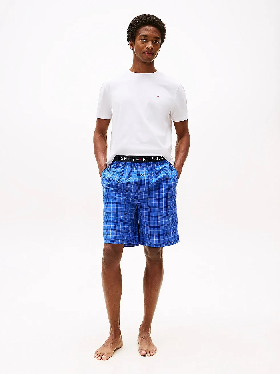 Tommy Hilfiger PURE COTTON Mens T-Shirt & Shorts Pyjama Set White / Grid Plaid