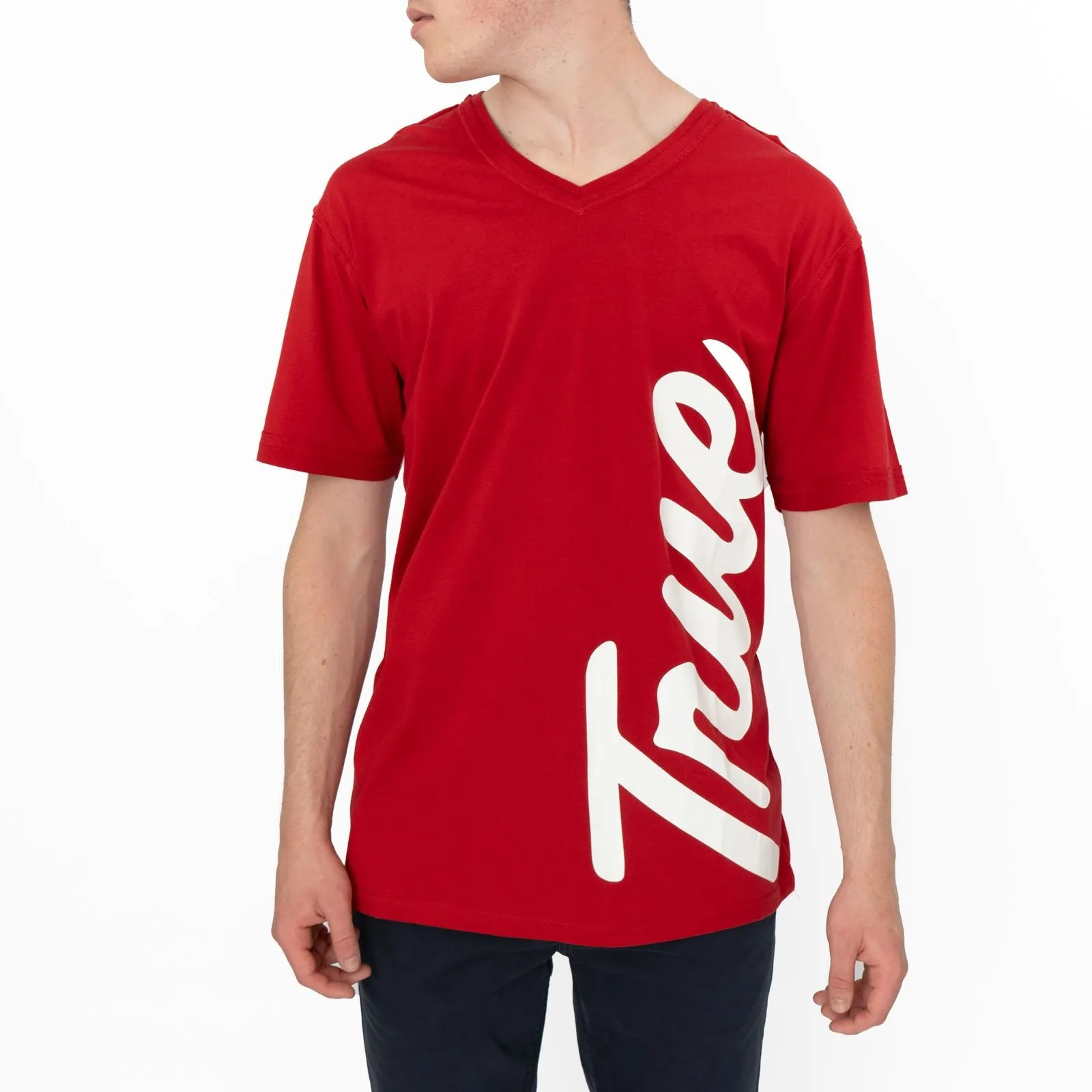 True Religion Men Red V-Neck Logo Print T-Shirt Short Sleeve Casual Cotton Tops
