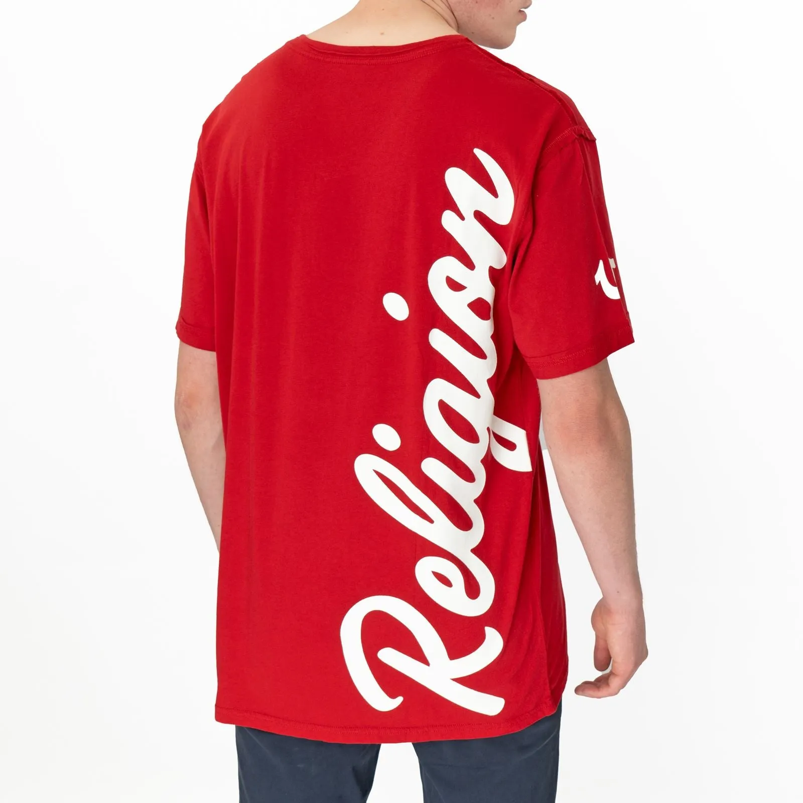 True Religion Men Red V-Neck Logo Print T-Shirt Short Sleeve Casual Cotton Tops
