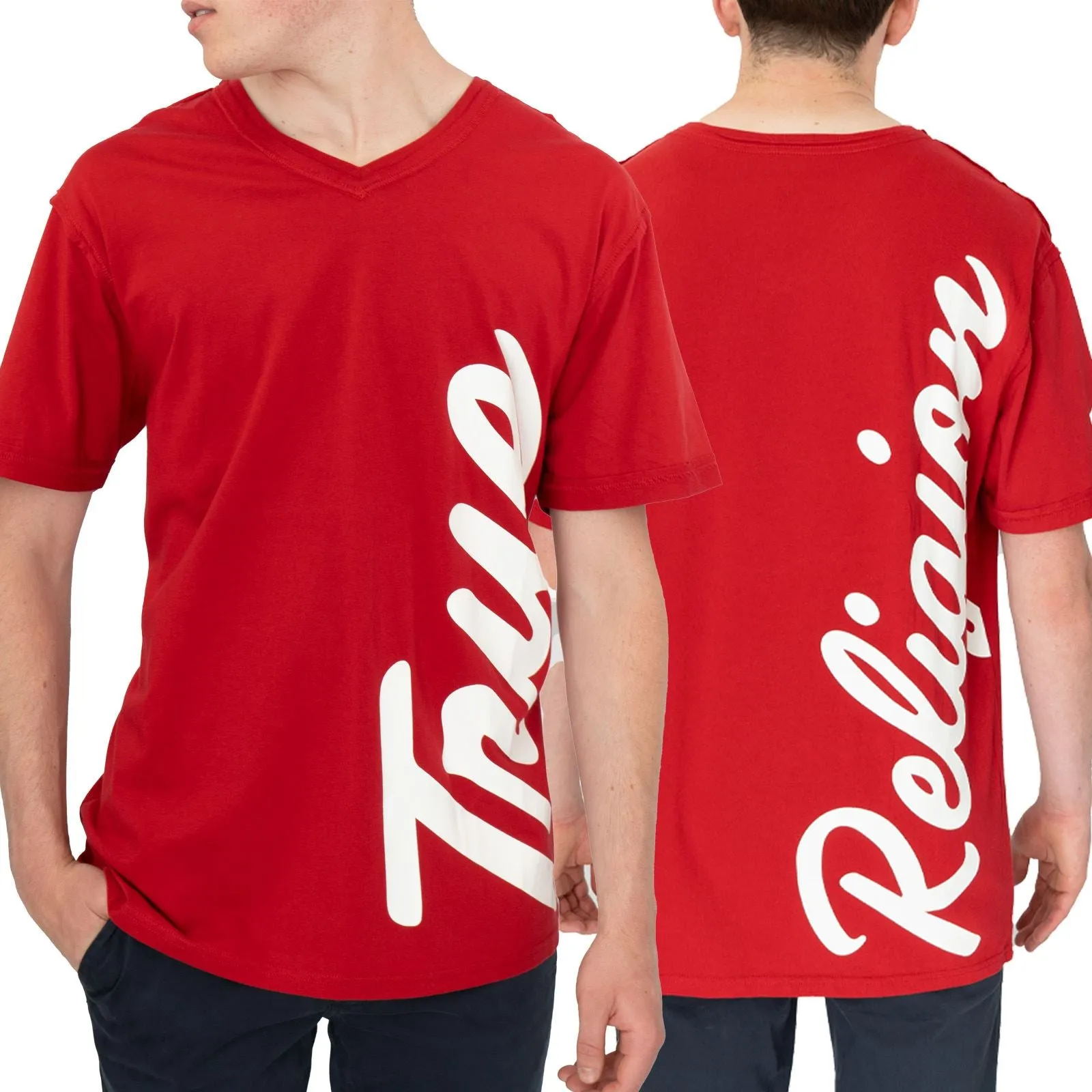 True Religion Men Red V-Neck Logo Print T-Shirt Short Sleeve Casual Cotton Tops