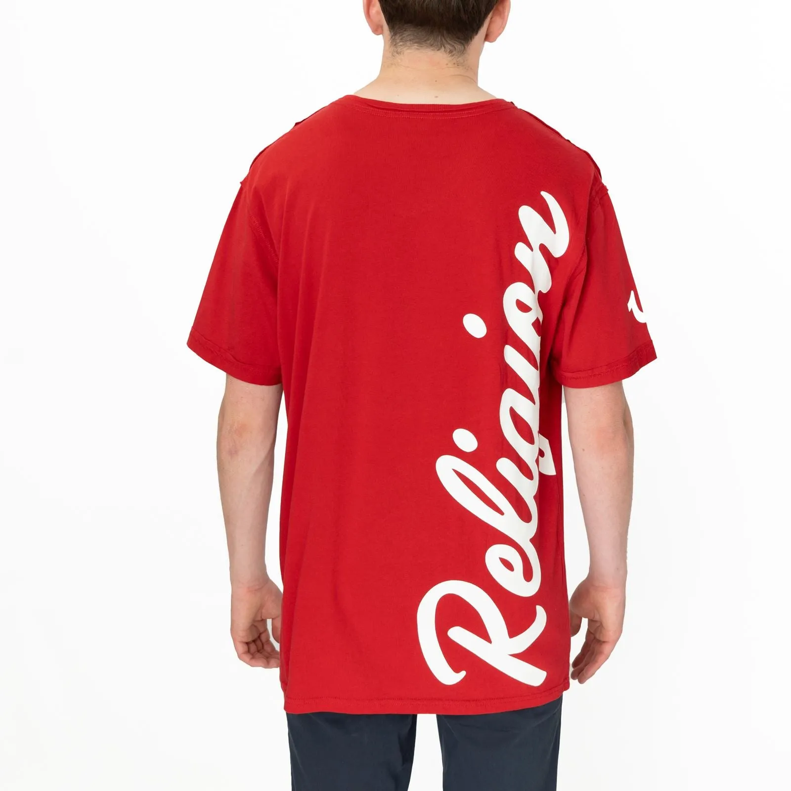 True Religion Men Red V-Neck Logo Print T-Shirt Short Sleeve Casual Cotton Tops