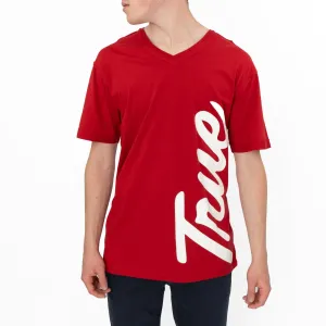 True Religion Men Red V-Neck Logo Print T-Shirt Short Sleeve Casual Cotton Tops