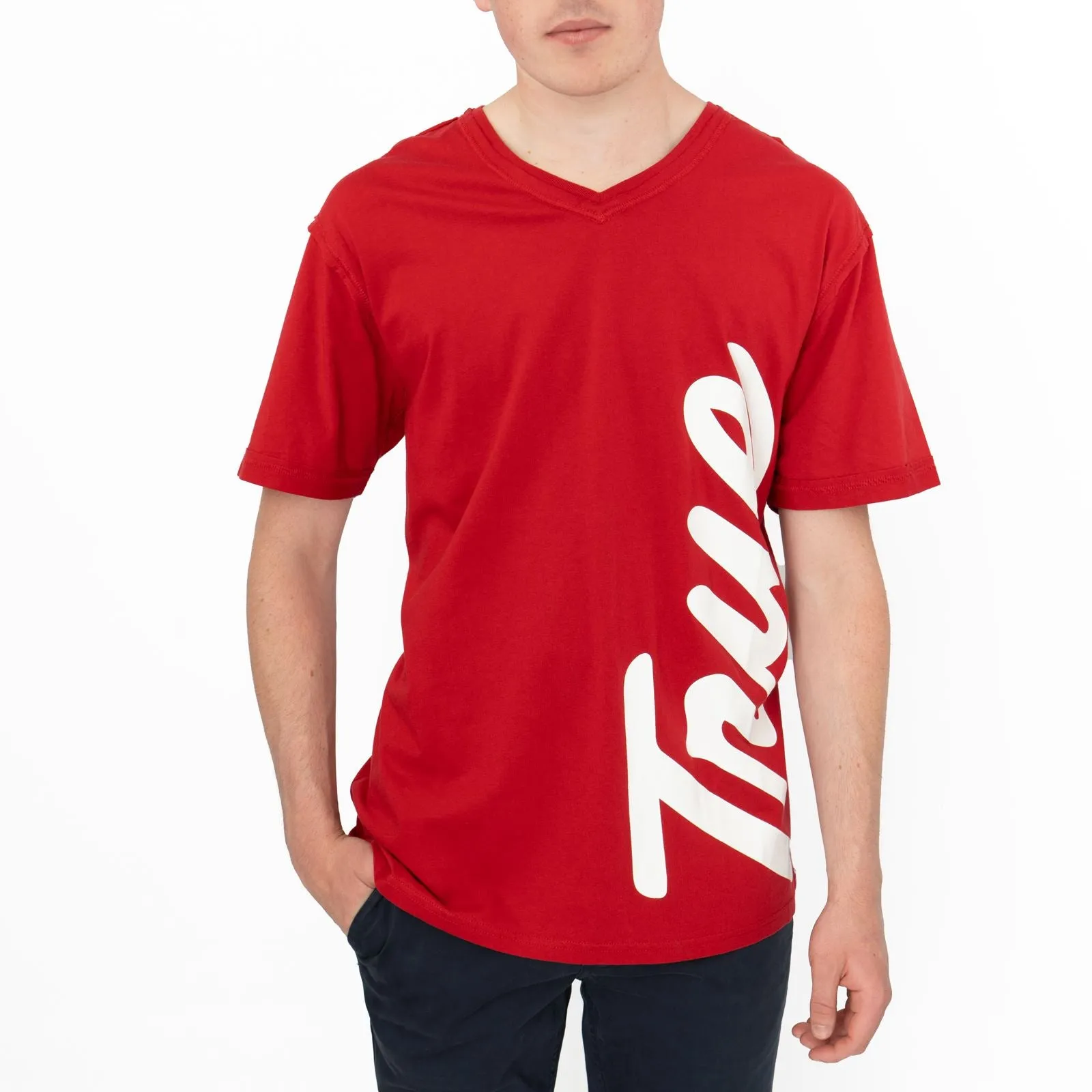 True Religion Men Red V-Neck Logo Print T-Shirt Short Sleeve Casual Cotton Tops