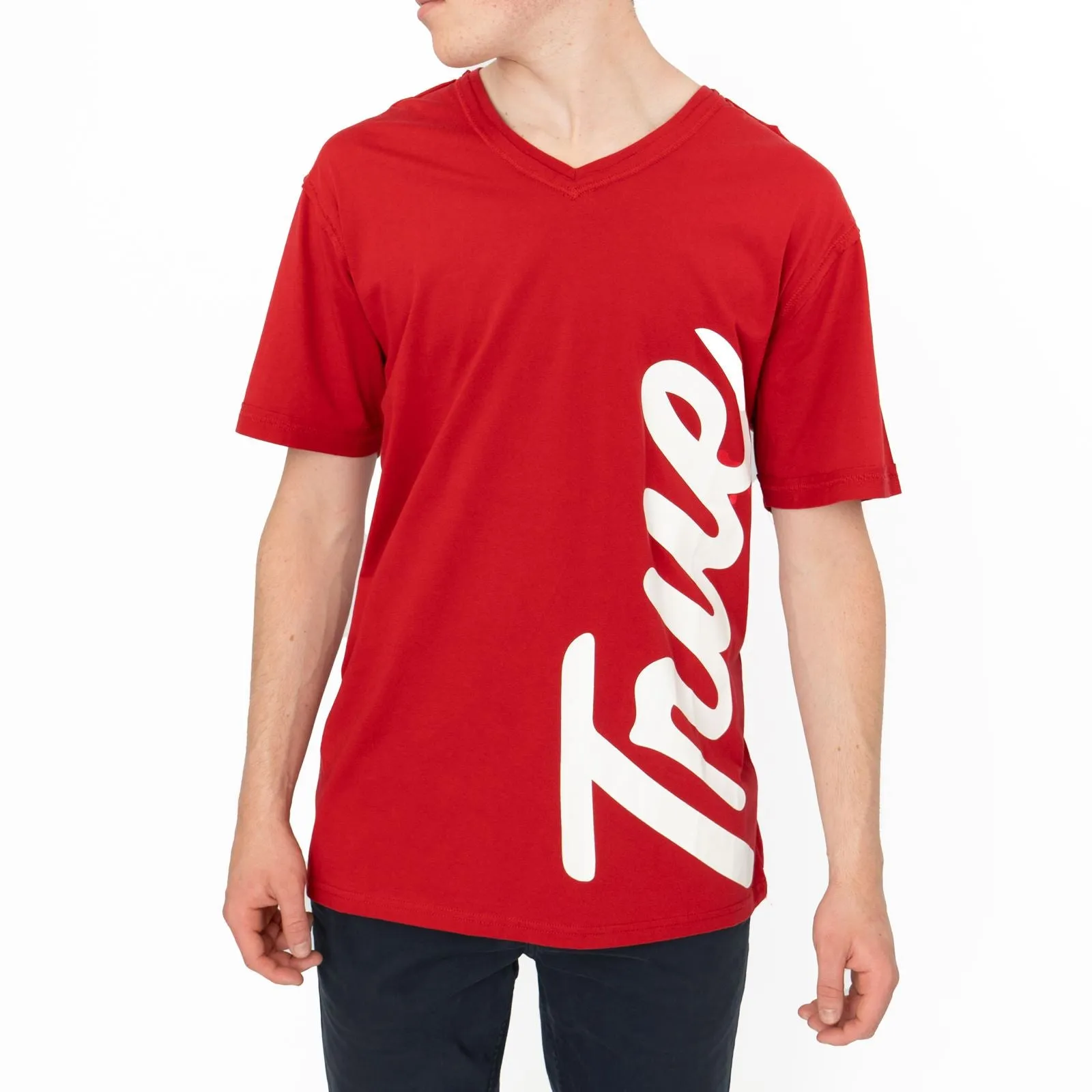 True Religion Men Red V-Neck Logo Print T-Shirt Short Sleeve Casual Cotton Tops