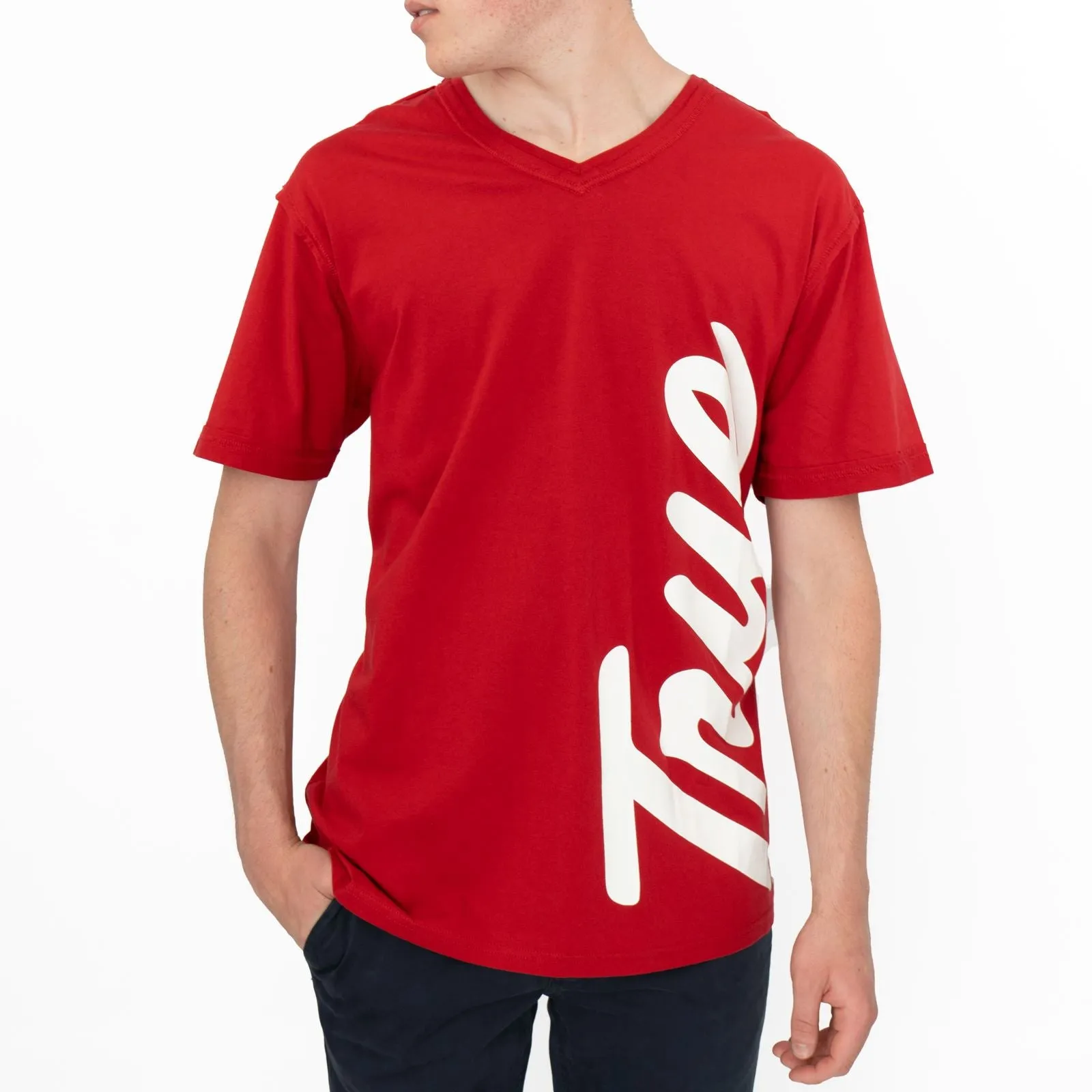 True Religion Men Red V-Neck Logo Print T-Shirt Short Sleeve Casual Cotton Tops