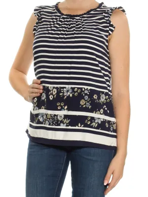 Women's Floral Printed Striped Top,Navy