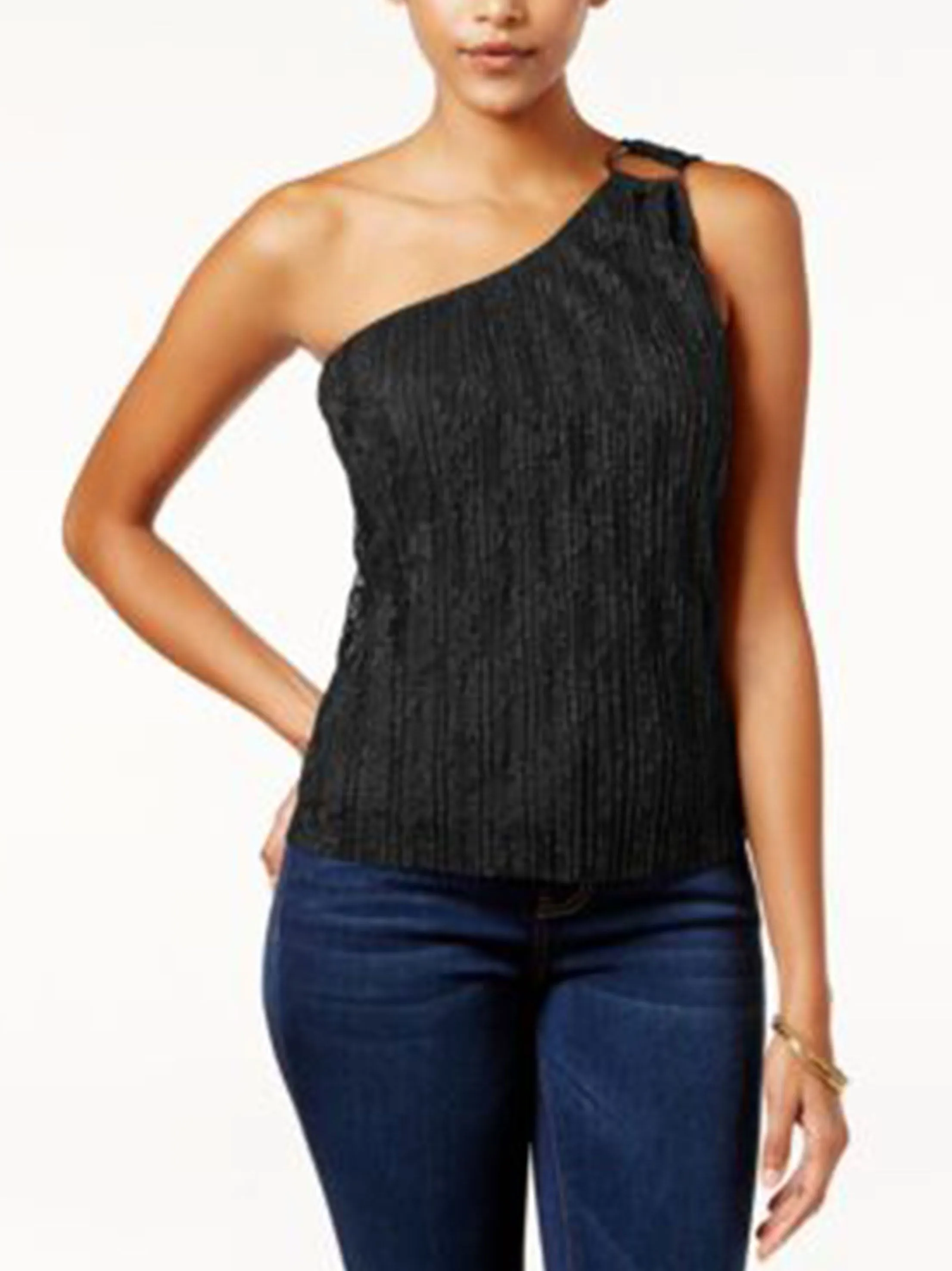 Women's One Shoulder Lace Top,Black