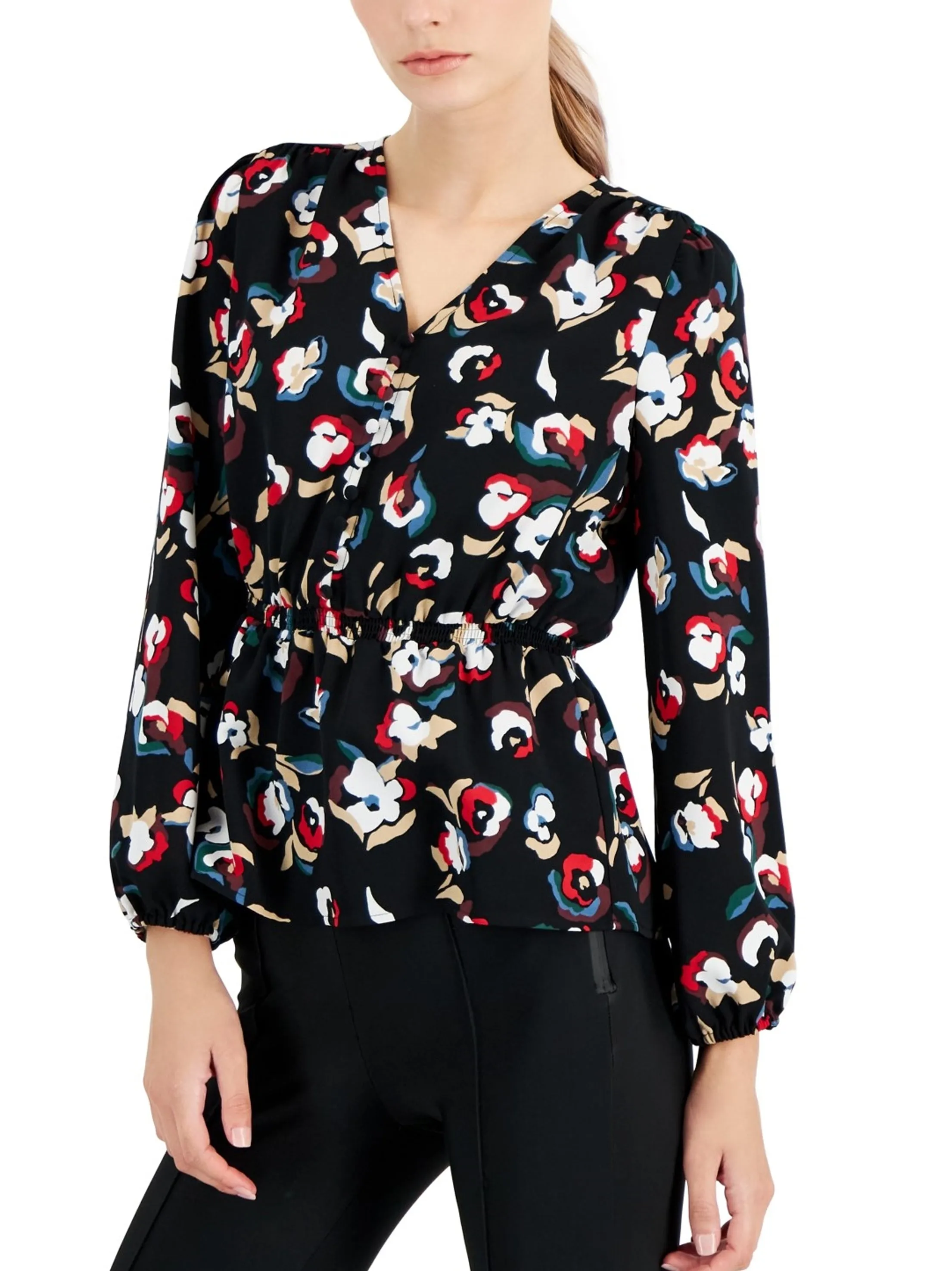 Women's Printed Smocked Top,Black