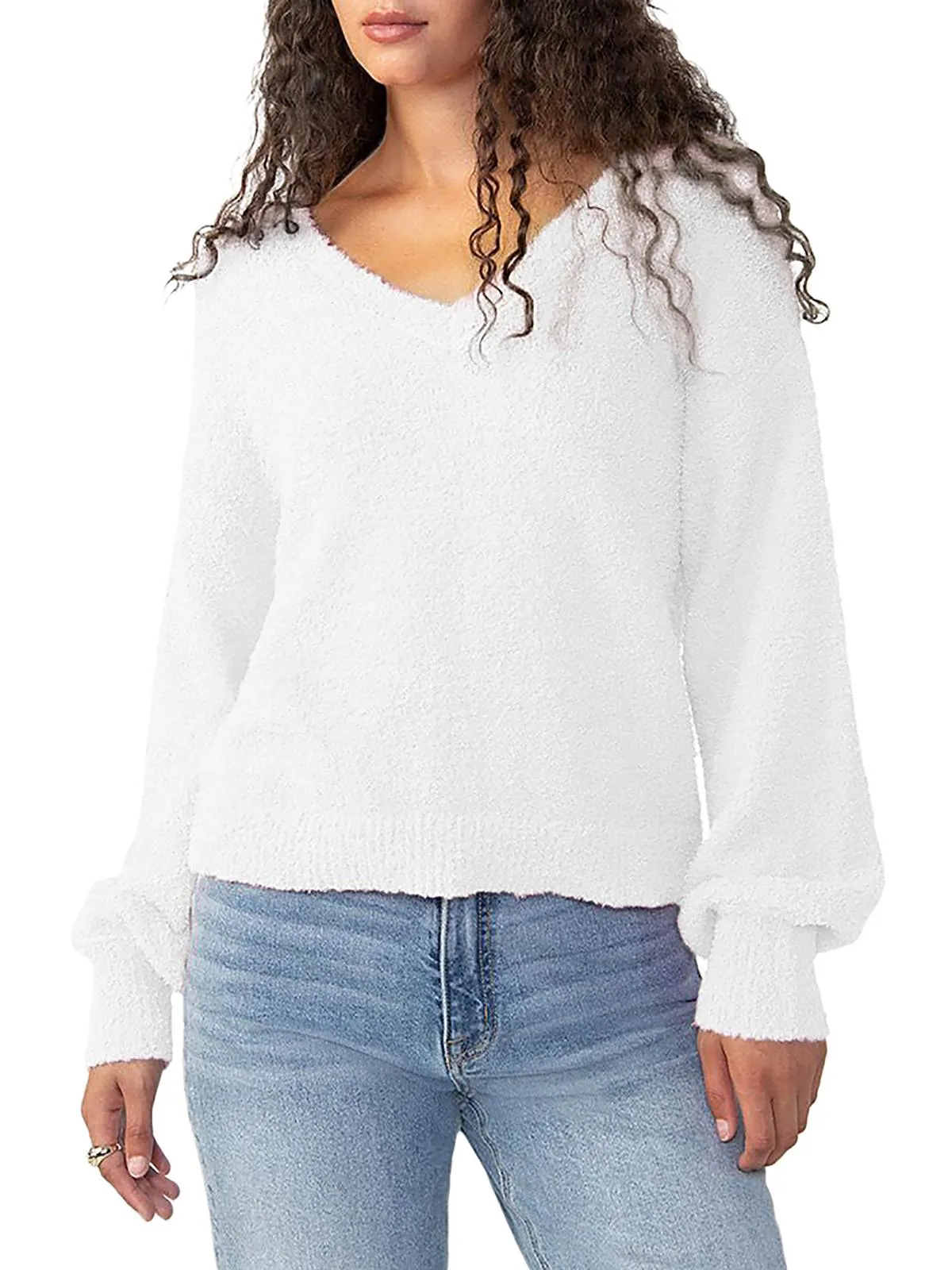 Womens Textured V Neck Pullover Sweater